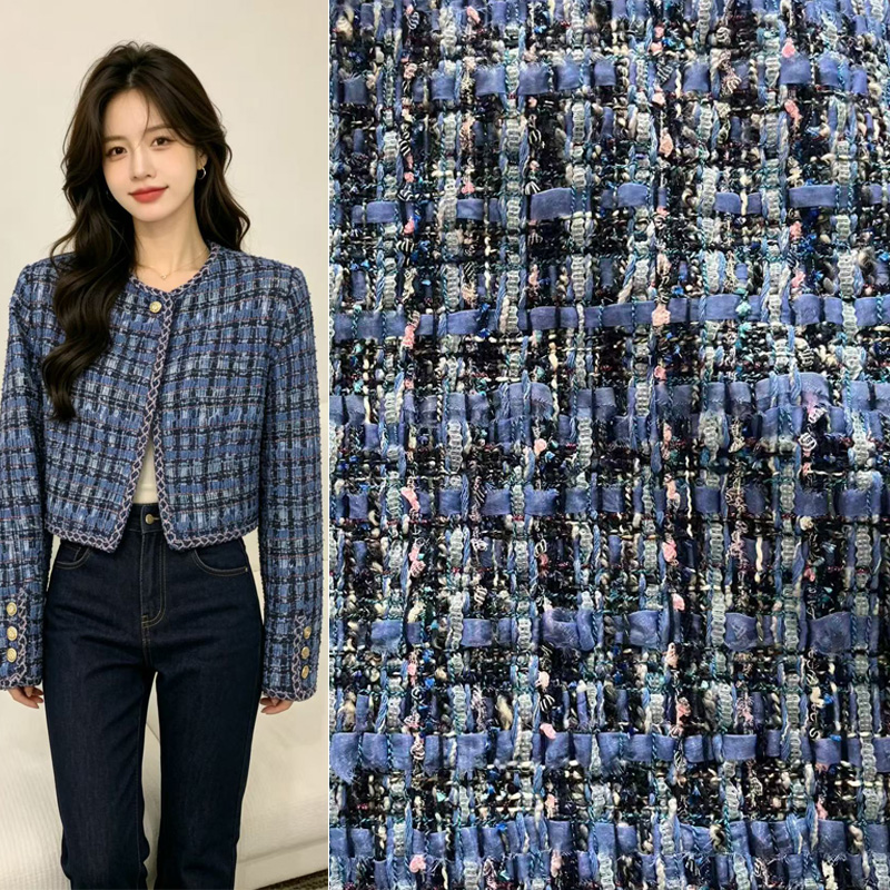 Sewing Tweed Fabric - Tessuto Tweed Premium Blu Tinto in